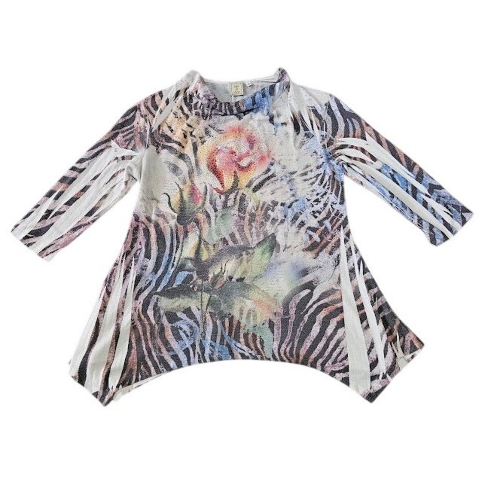 Jess & Jane Shirt Women Medium Multicolor Floral Rhinestone Artsy Tunic Top